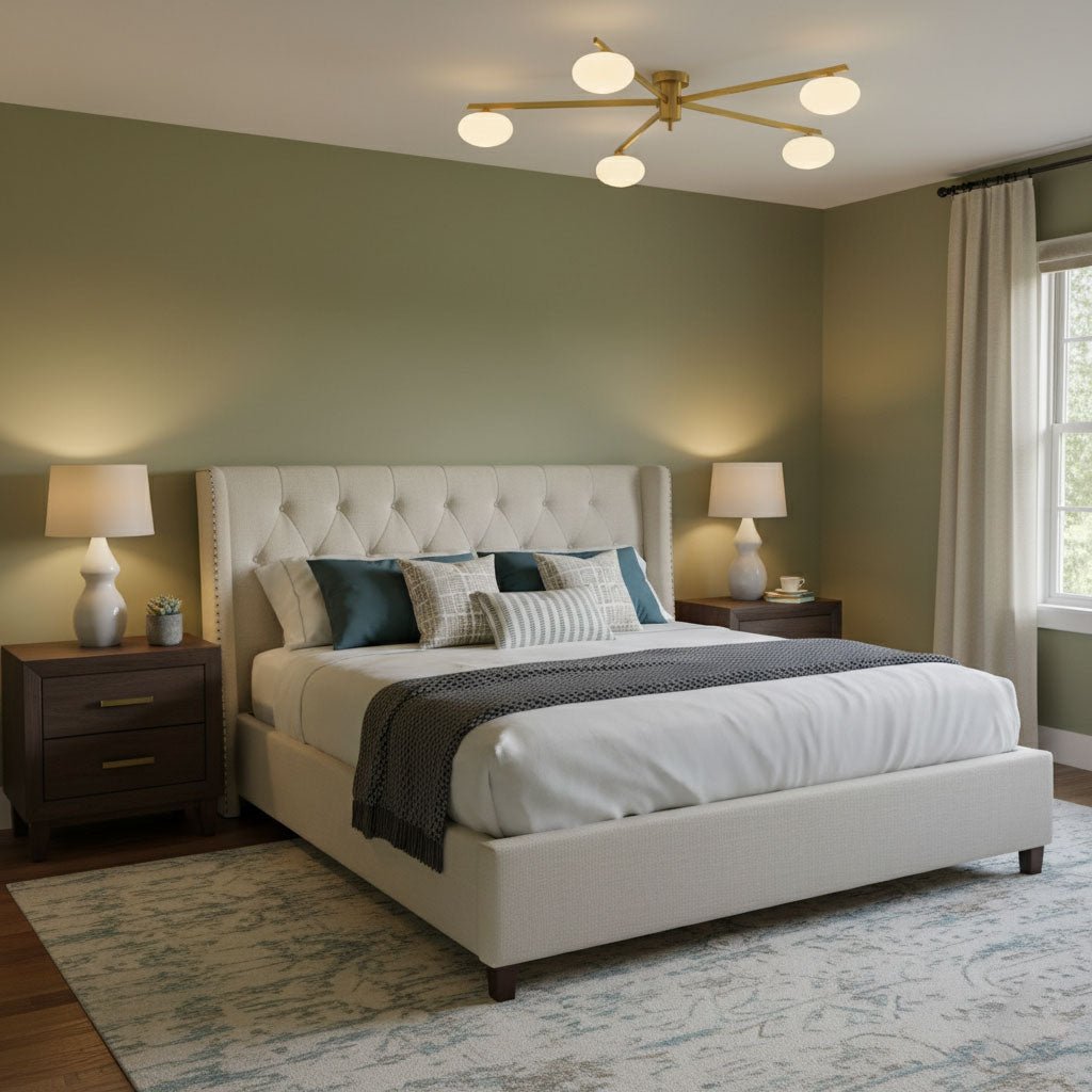 Black brass ceiling light with white oval glass shades on arms