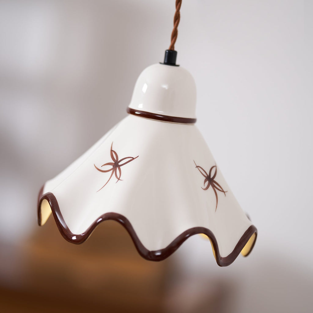 Wavy Ceramic Shade Pendant Light, White & Rustic Brown, Farmhouse Trim