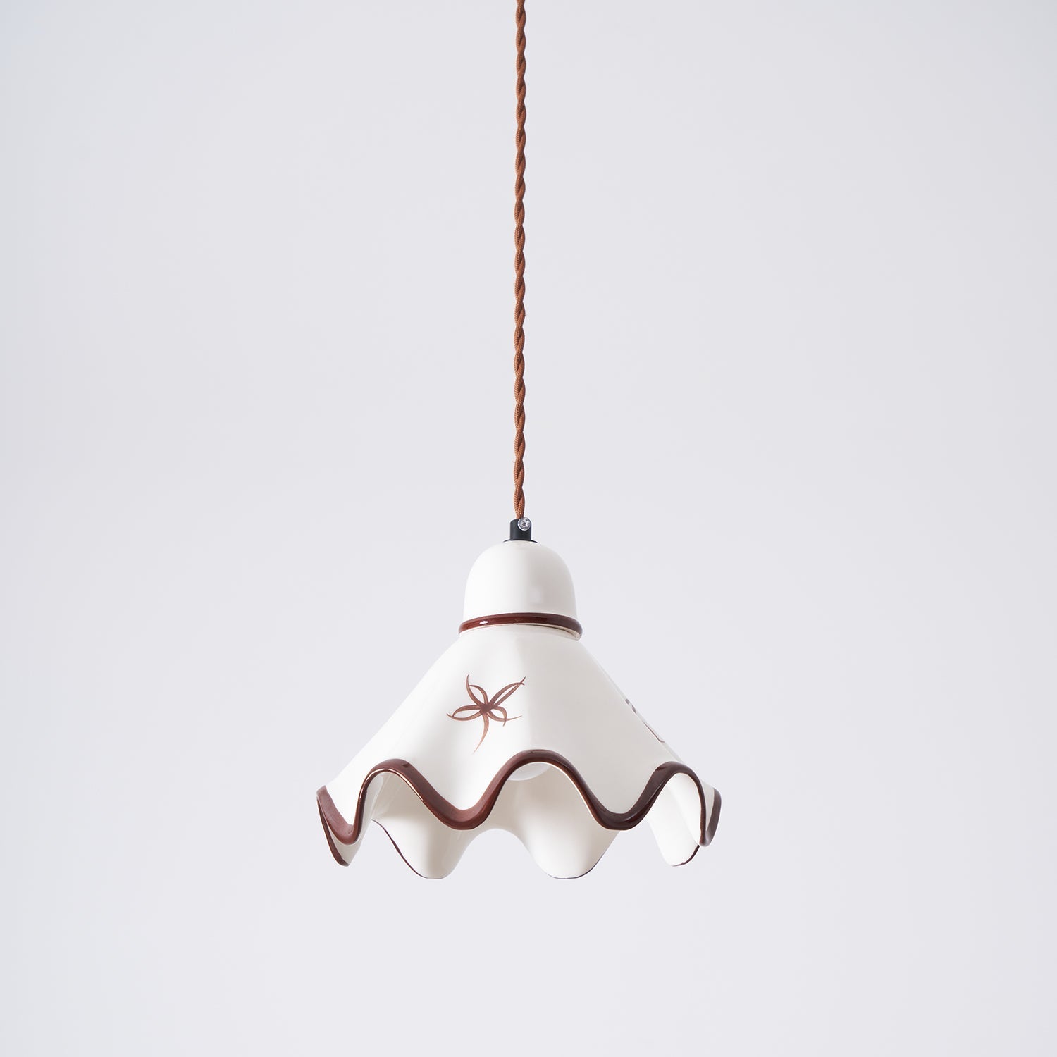 Wavy Ceramic Shade Pendant Light, White & Rustic Brown, Farmhouse Trim