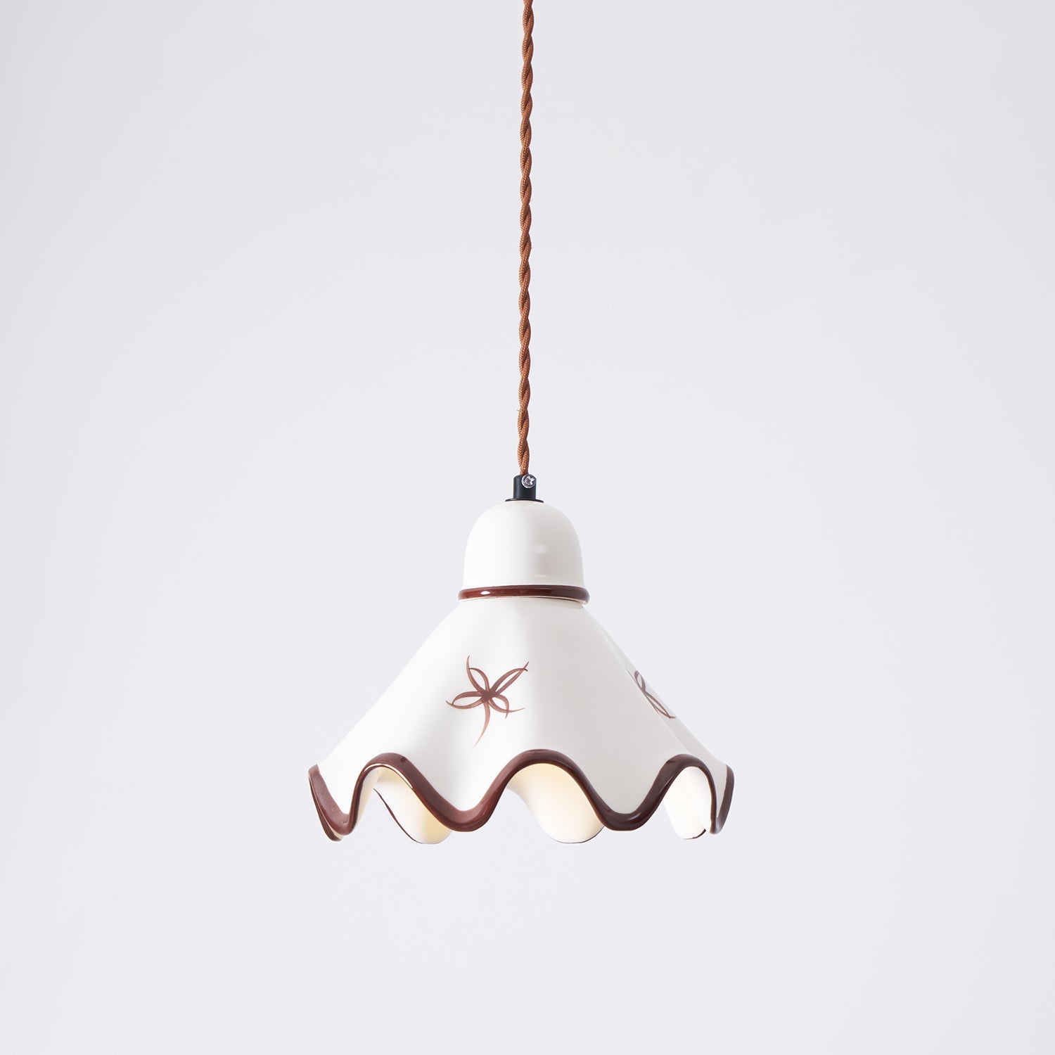 Wavy Ceramic Shade Pendant Light, White & Rustic Brown, Farmhouse Trim