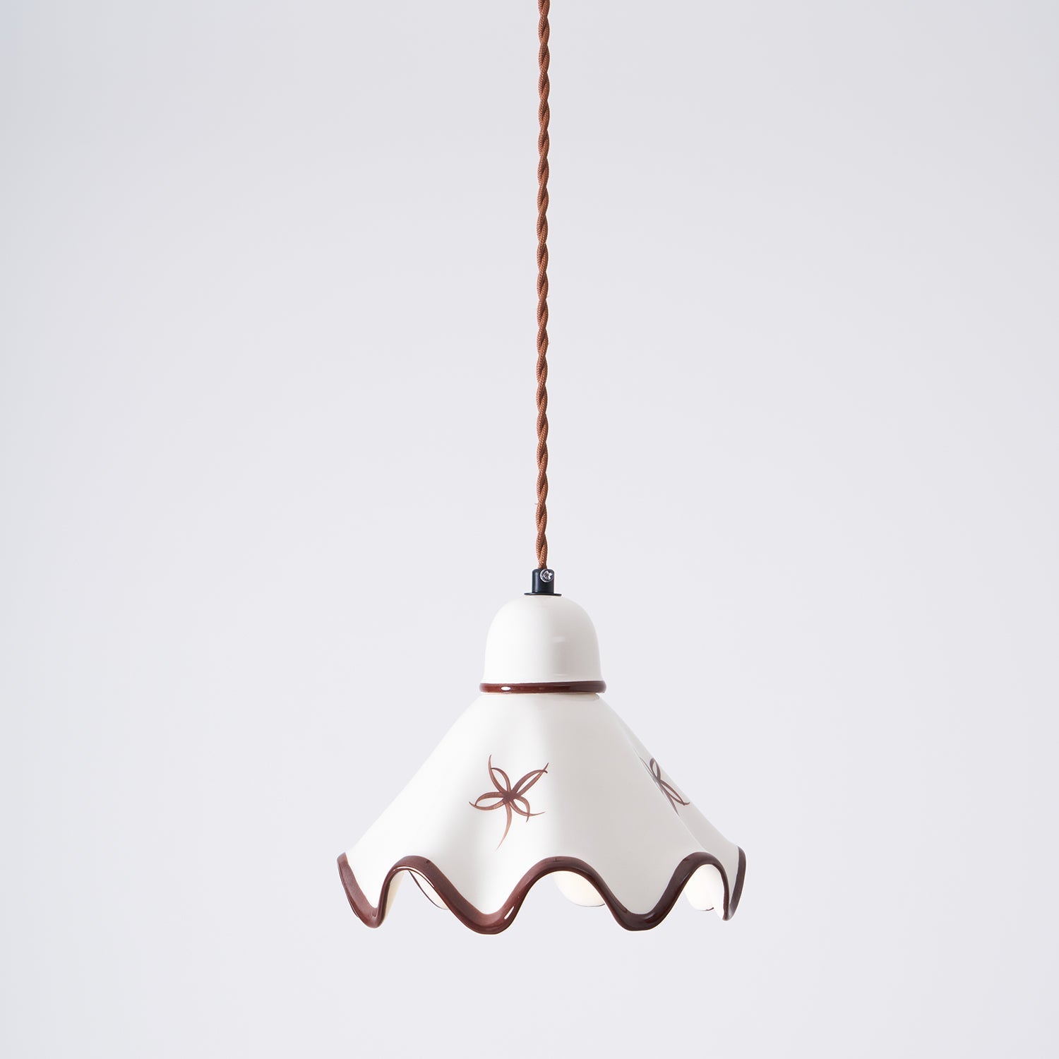 Wavy Ceramic Shade Pendant Light, White & Rustic Brown, Farmhouse Trim