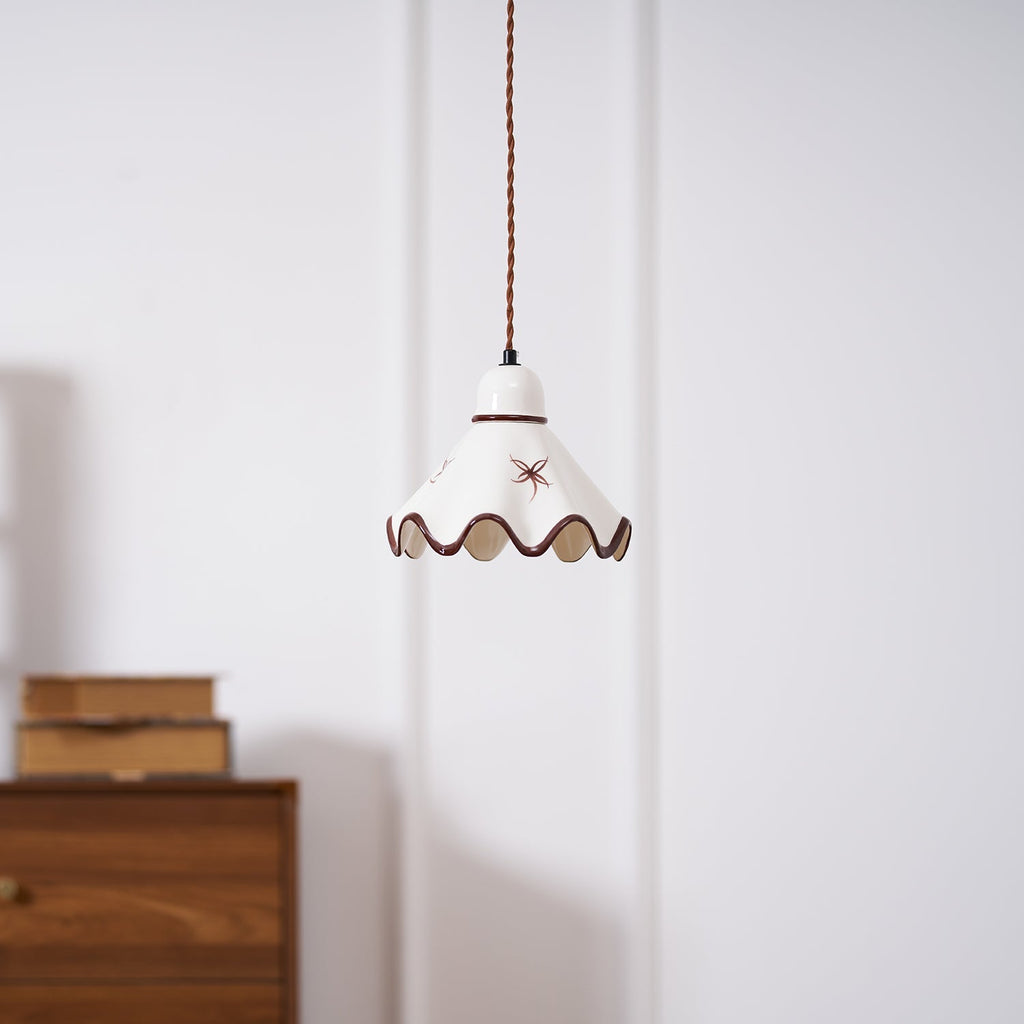 Wavy Ceramic Shade Pendant Light, White & Rustic Brown, Farmhouse Trim