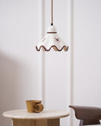 Wavy Ceramic Shade Pendant Light, White & Rustic Brown, Farmhouse Trim