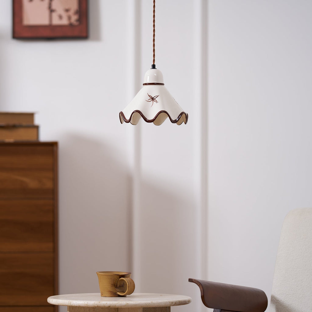 Wavy Ceramic Shade Pendant Light, White & Rustic Brown, Farmhouse Trim