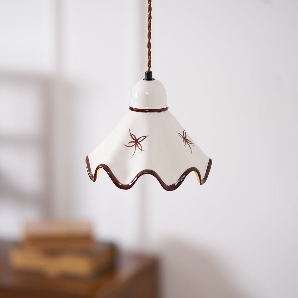 Wavy Ceramic Shade Pendant Light, White & Rustic Brown, Farmhouse Trim