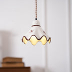 Wavy Ceramic Shade Pendant Light, White & Rustic Brown, Farmhouse Trim