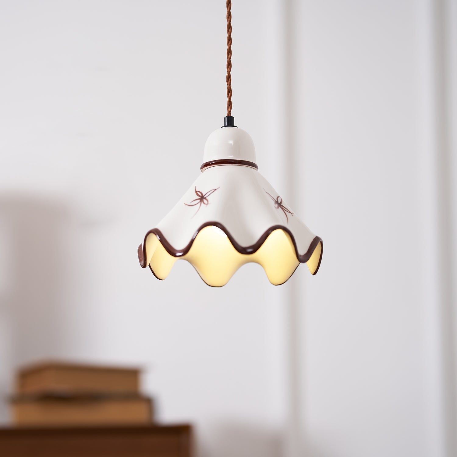 Wavy Ceramic Shade Pendant Light, White & Rustic Brown, Farmhouse Trim