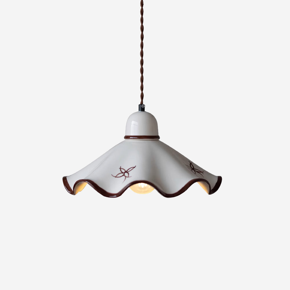 Wavy Ceramic Shade Pendant Light, White & Rustic Brown, Farmhouse Trim