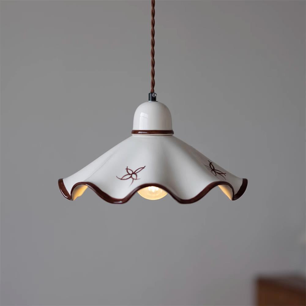 Wavy Ceramic Shade Pendant Light, White & Rustic Brown, Farmhouse Trim
