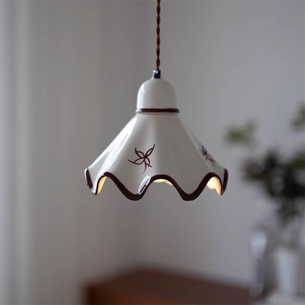 Wavy Ceramic Shade Pendant Light, White & Rustic Brown, Farmhouse Trim
