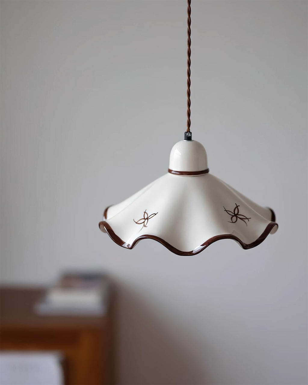 Wavy Ceramic Shade Pendant Light, White & Rustic Brown, Farmhouse Trim
