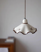 Wavy Ceramic Shade Pendant Light, White & Rustic Brown, Farmhouse Trim