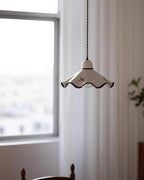 Wavy Ceramic Shade Pendant Light, White & Rustic Brown, Farmhouse Trim
