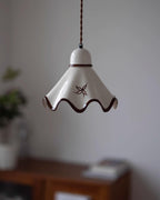 Wavy Ceramic Shade Pendant Light, White & Rustic Brown, Farmhouse Trim