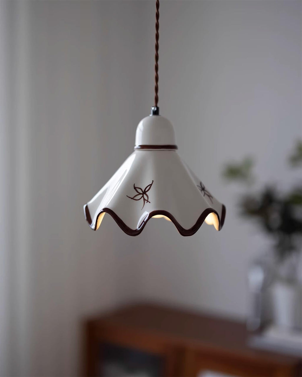 Wavy Ceramic Shade Pendant Light, White & Rustic Brown, Farmhouse Trim
