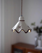 Wavy Ceramic Shade Pendant Light, White & Rustic Brown, Farmhouse Trim