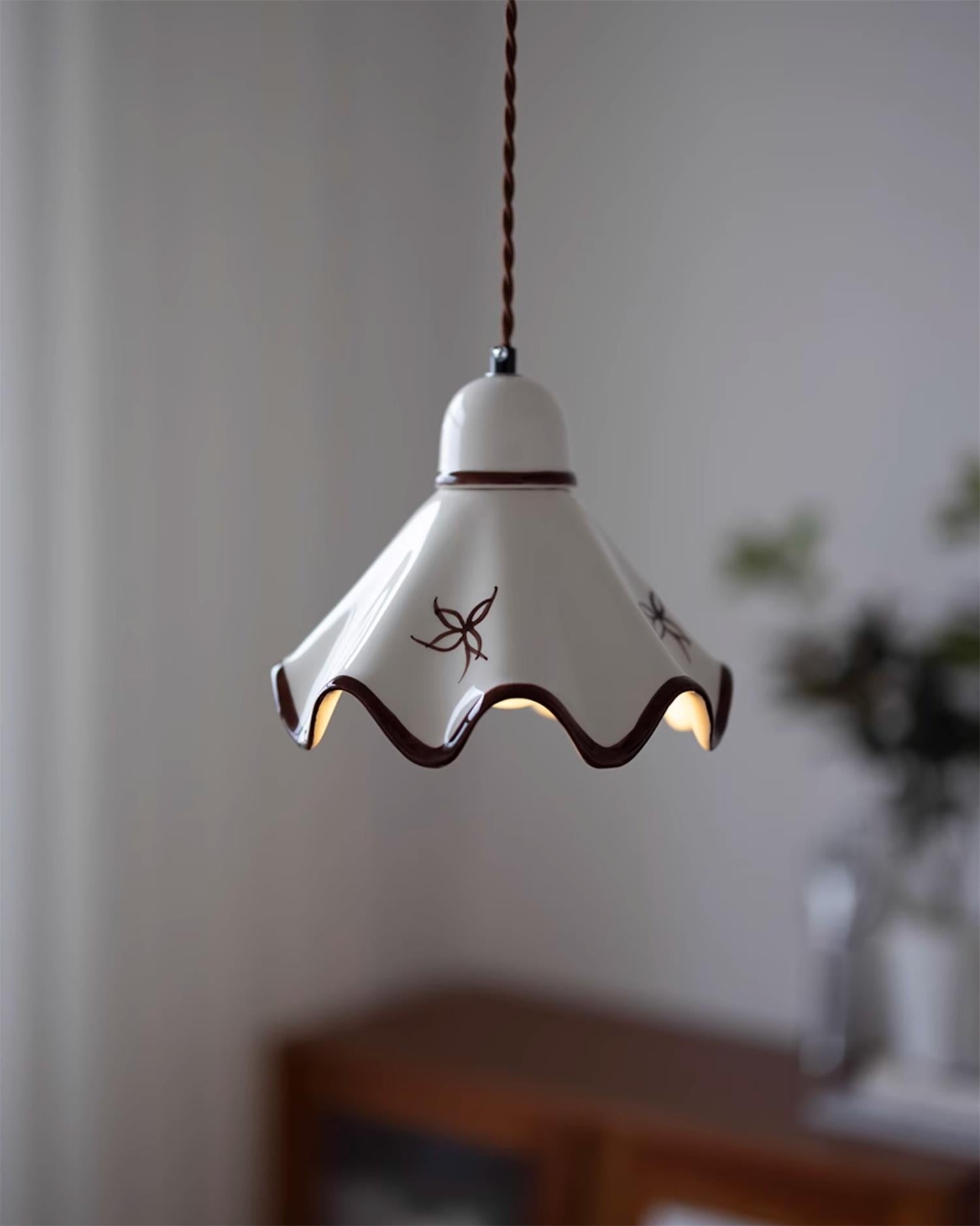 Wavy Ceramic Shade Pendant Light, White & Rustic Brown, Farmhouse Trim