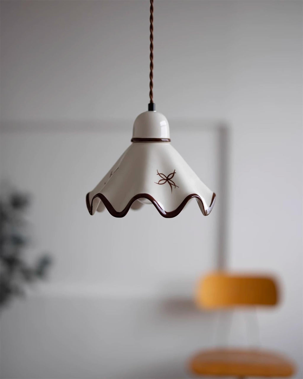 Wavy Ceramic Shade Pendant Light, White & Rustic Brown, Farmhouse Trim