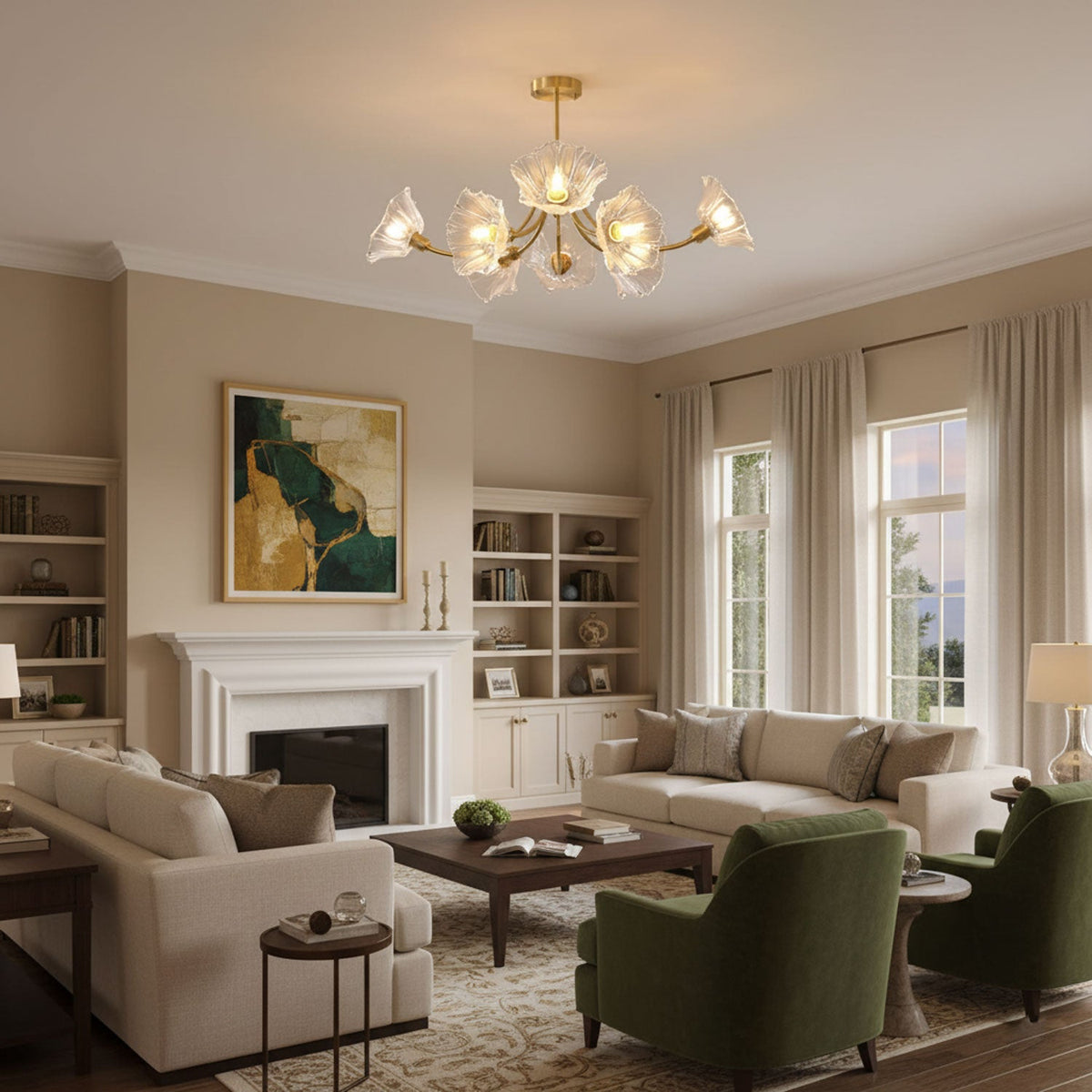 This Clérachic brass chandelier hangs above a beige living room with a stone fireplace and green armchairs.