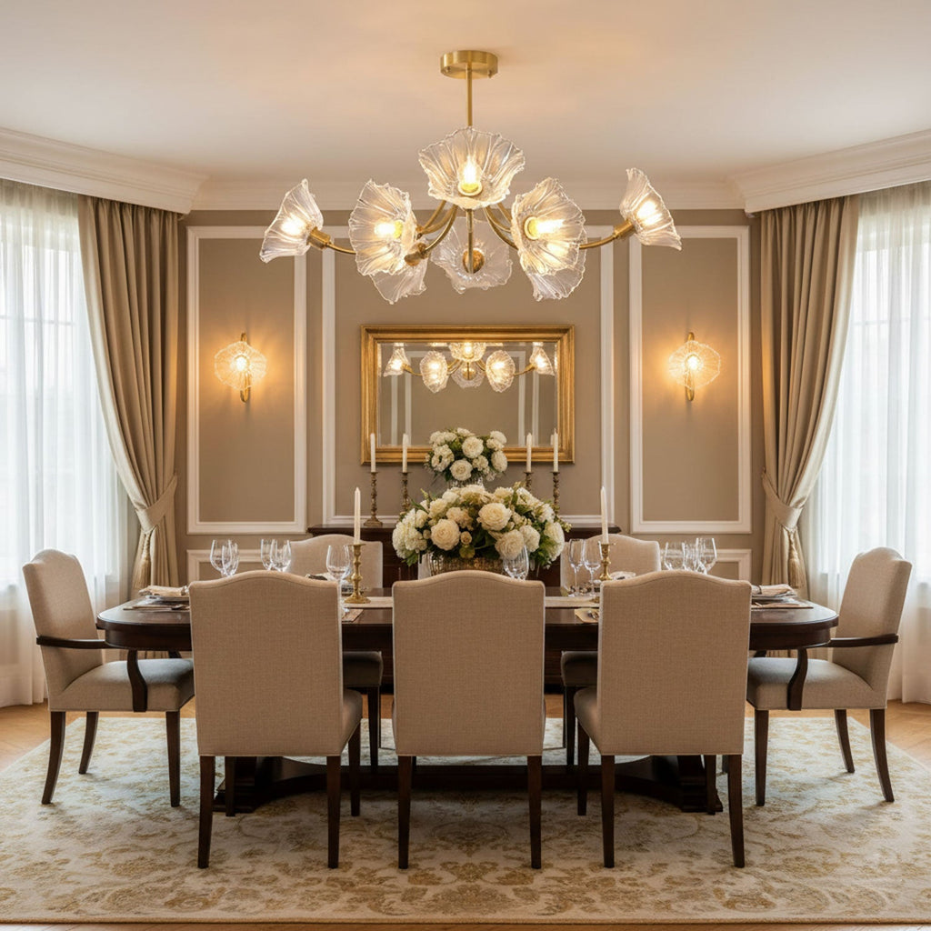 Gold curtains and wall sconces frame this Clérachic chandelier, hung above a long dining table set for a gathering.