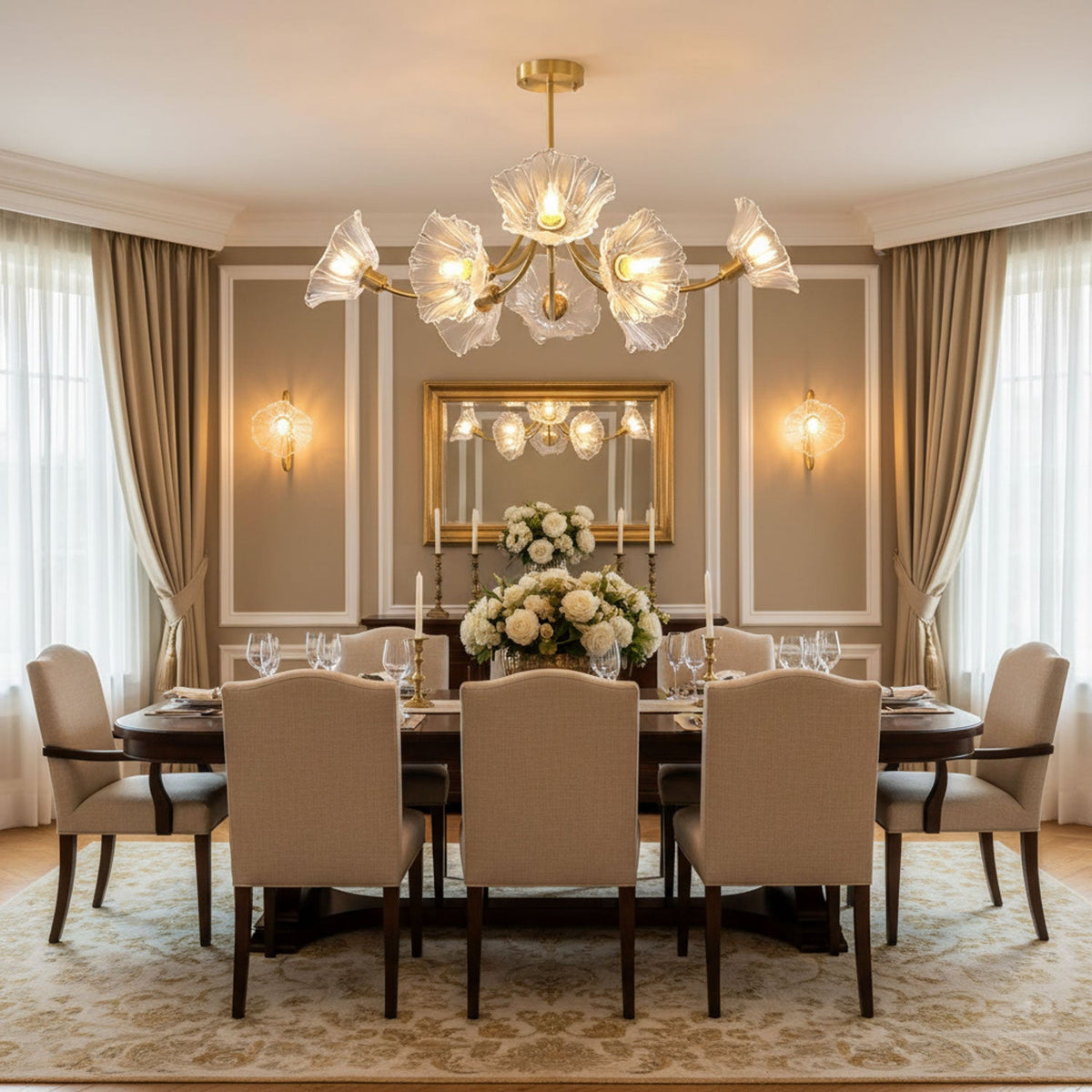 Gold curtains and wall sconces frame this Clérachic chandelier, hung above a long dining table set for a gathering.