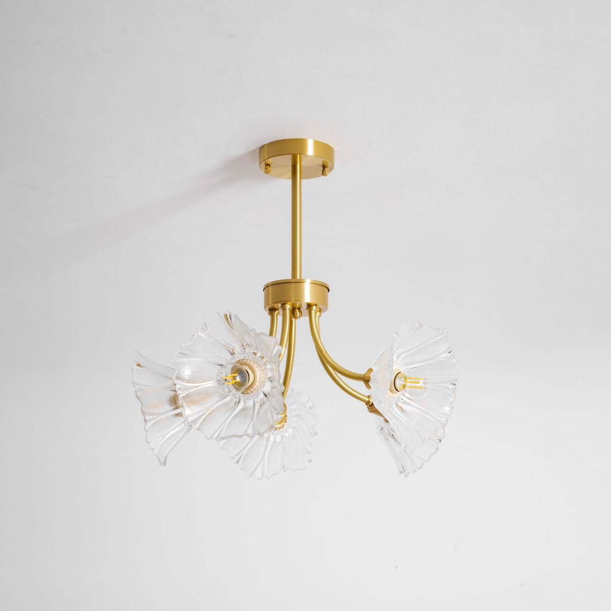 Another angle on a white backdrop shows this Clérachic chandelier's brass arms holding ruffled glass petal shades close together.