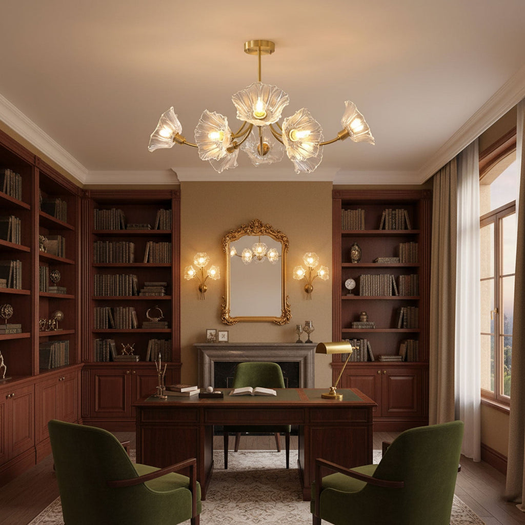 Bookshelves and a mirrored mantel frame this Clérachic chandelier in a wood-panelled study with a green leather chair.