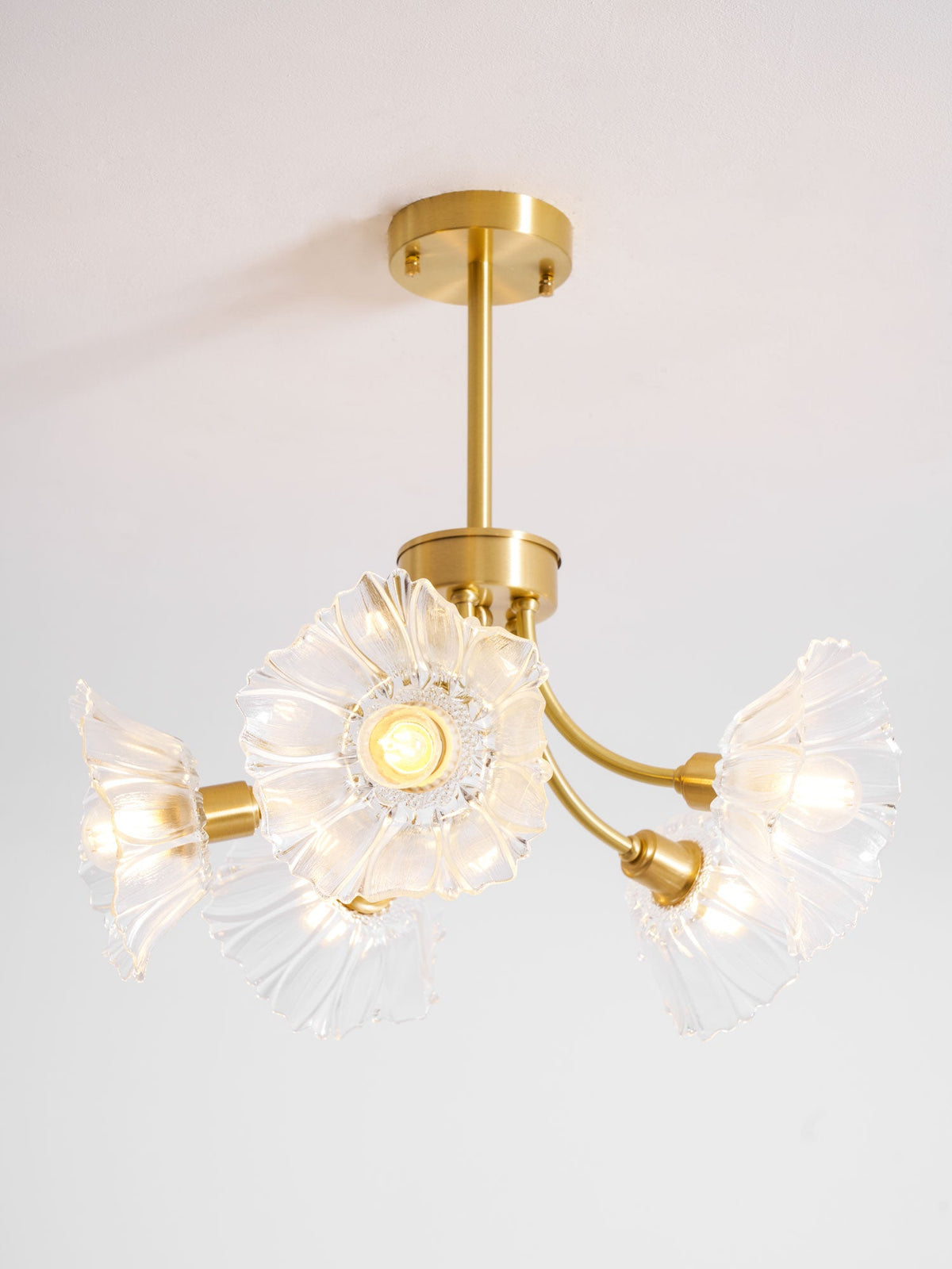 A closer angle shows the brass ceiling mount of this Clérachic chandelier, with glass petal shades fanning outward against a white backdrop.