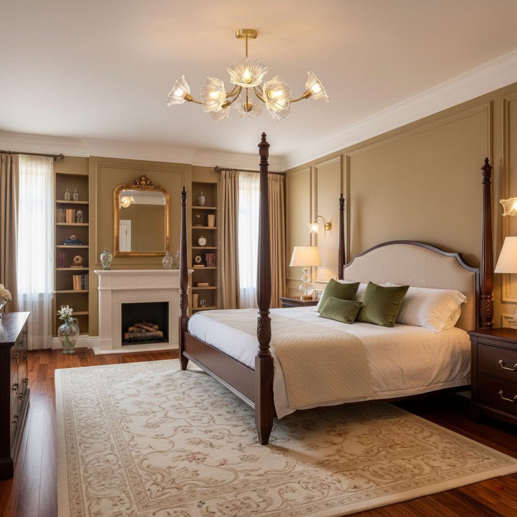 A four-poster bed and a lit fireplace sit beneath this Clérachic chandelier in a warmly furnished bedroom.