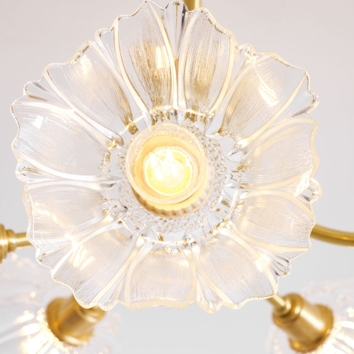 Close view of one lit glass petal shade on this Clérachic chandelier, its ribbed flower-like form glowing from within.