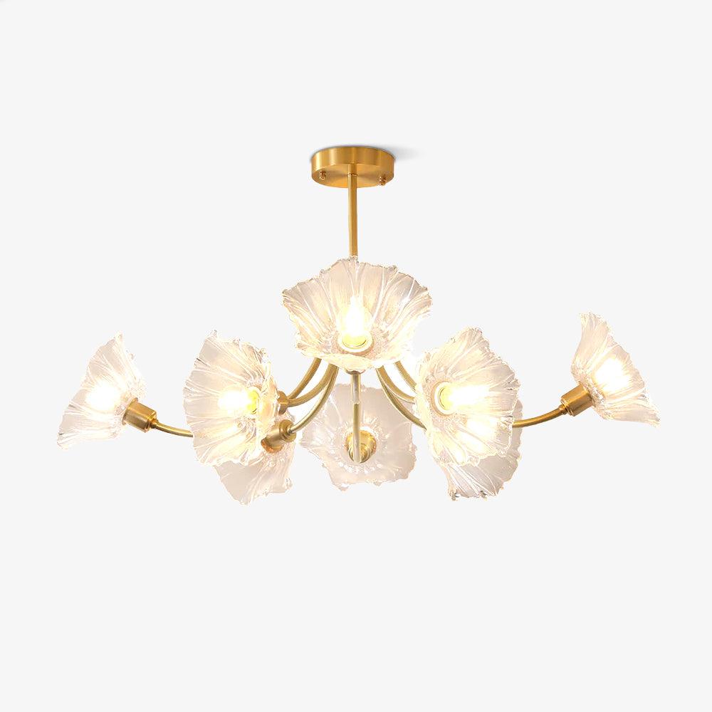 Product shot on a plain backdrop shows this Clérachic chandelier's brass frame spread wide with five glass petal shades.