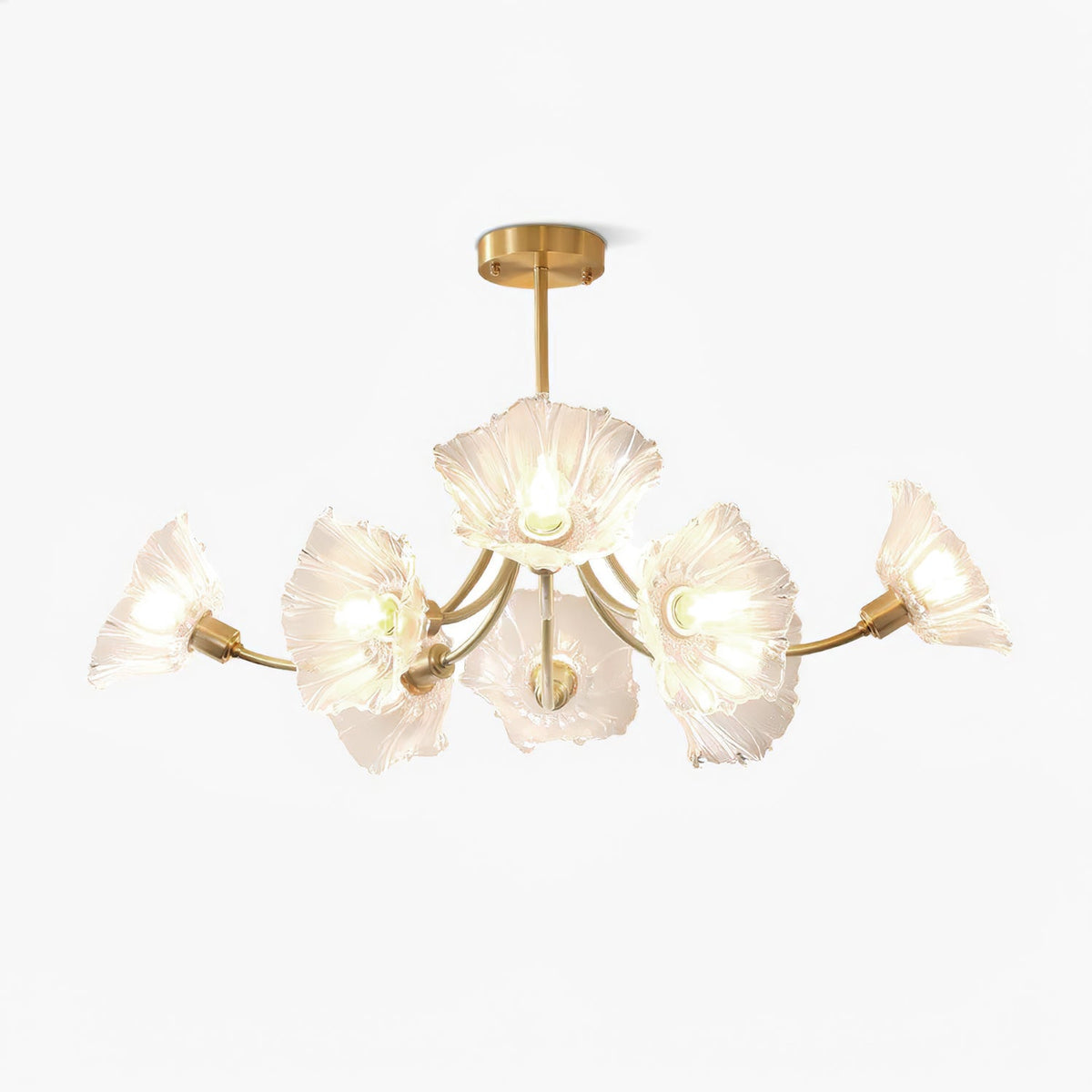 Product shot of this Clérachic chandelier on a plain backdrop, its brass arms holding five ruffled clear glass petal shades.