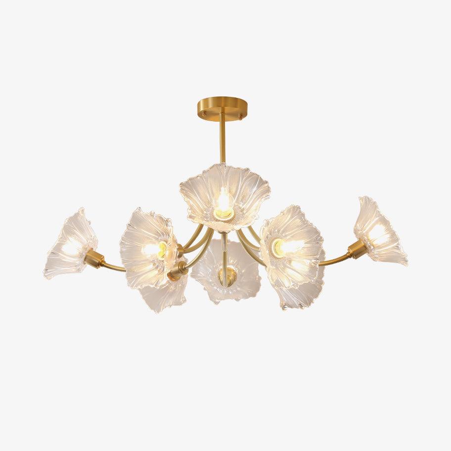 Another angle on a plain backdrop shows this Clérachic chandelier's brass arms and ruffled glass petal shades from the side.