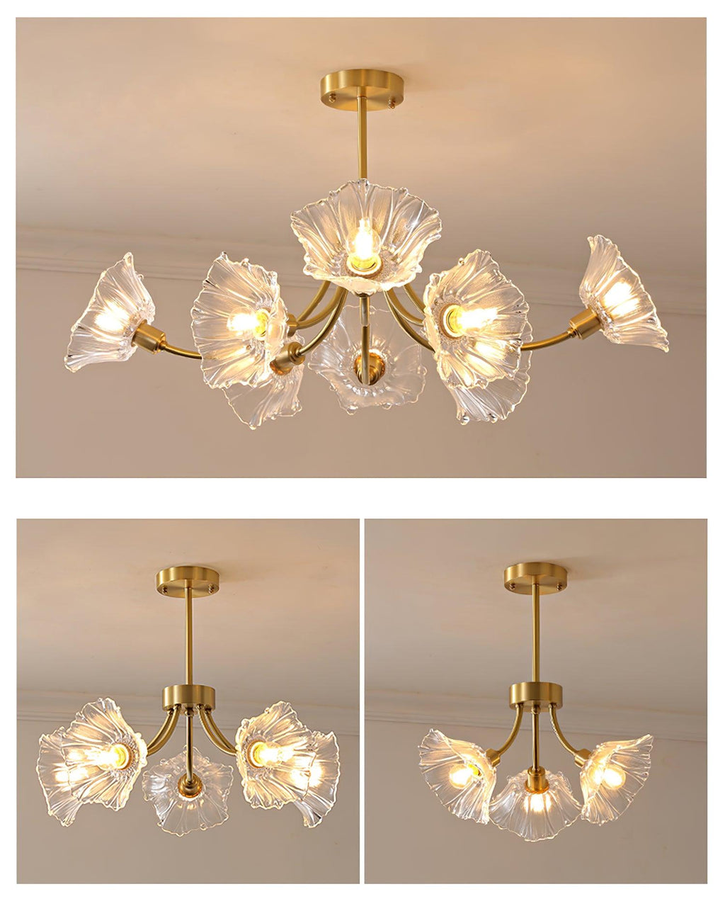This Clérachic chandelier hangs above a plain room, shown alongside two smaller views of the same fixture from different angles.