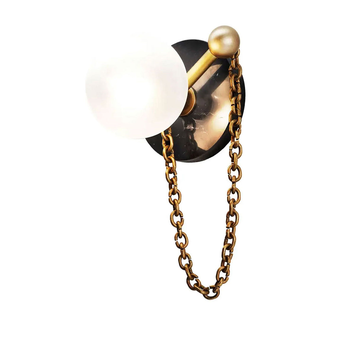 Here the Clérachic sconce's dark glossy disc is paired with an antique-brass ball finial and chain instead of black.