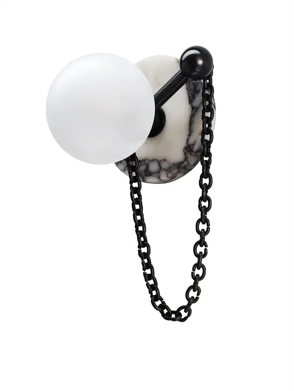 This close detail view shows the Clérachic sconce's veined marble disc with a black chain and ball finial.