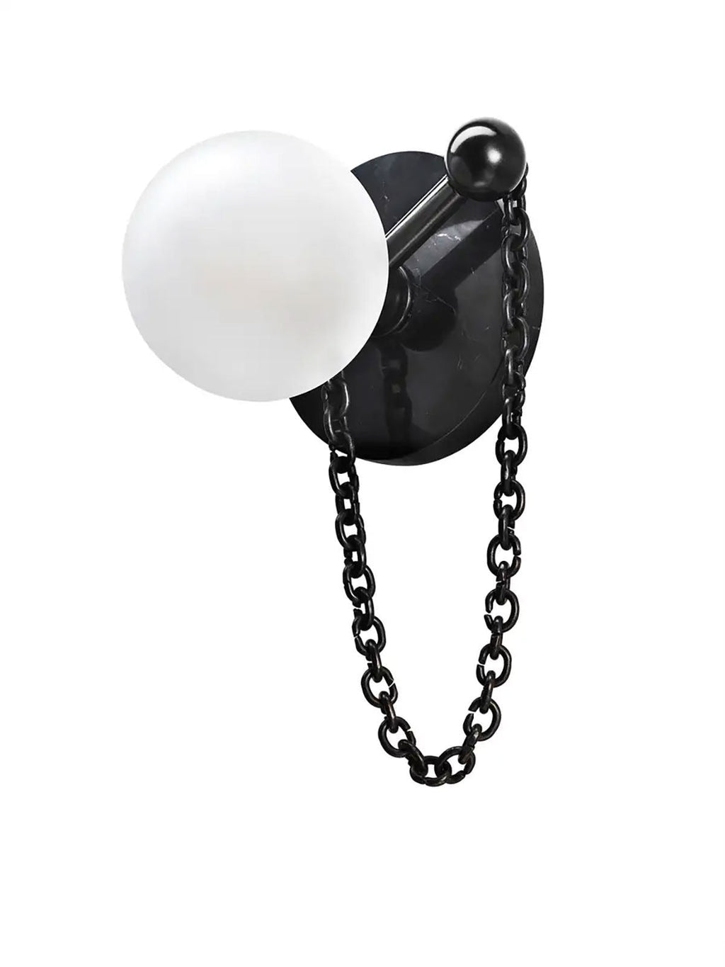 An isolated studio shot pairs the Clérachic sconce's dark stone disc with a black chain, ball finial and frosted globe.