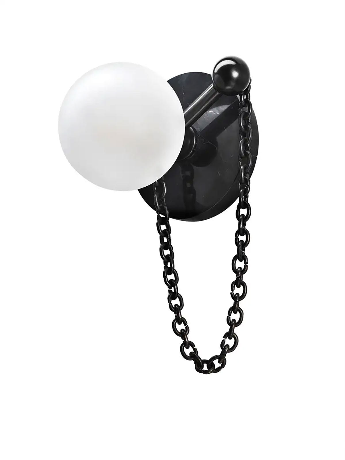 An isolated studio shot pairs the Clérachic sconce's dark stone disc with a black chain, ball finial and frosted globe.