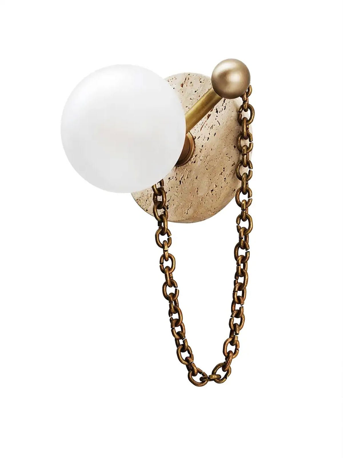 In this swatch, the Clérachic sconce's travertine-toned disc is paired with an antique-brass chain and frosted globe.