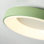 Round flush mount ceiling light shown lit in a hallway