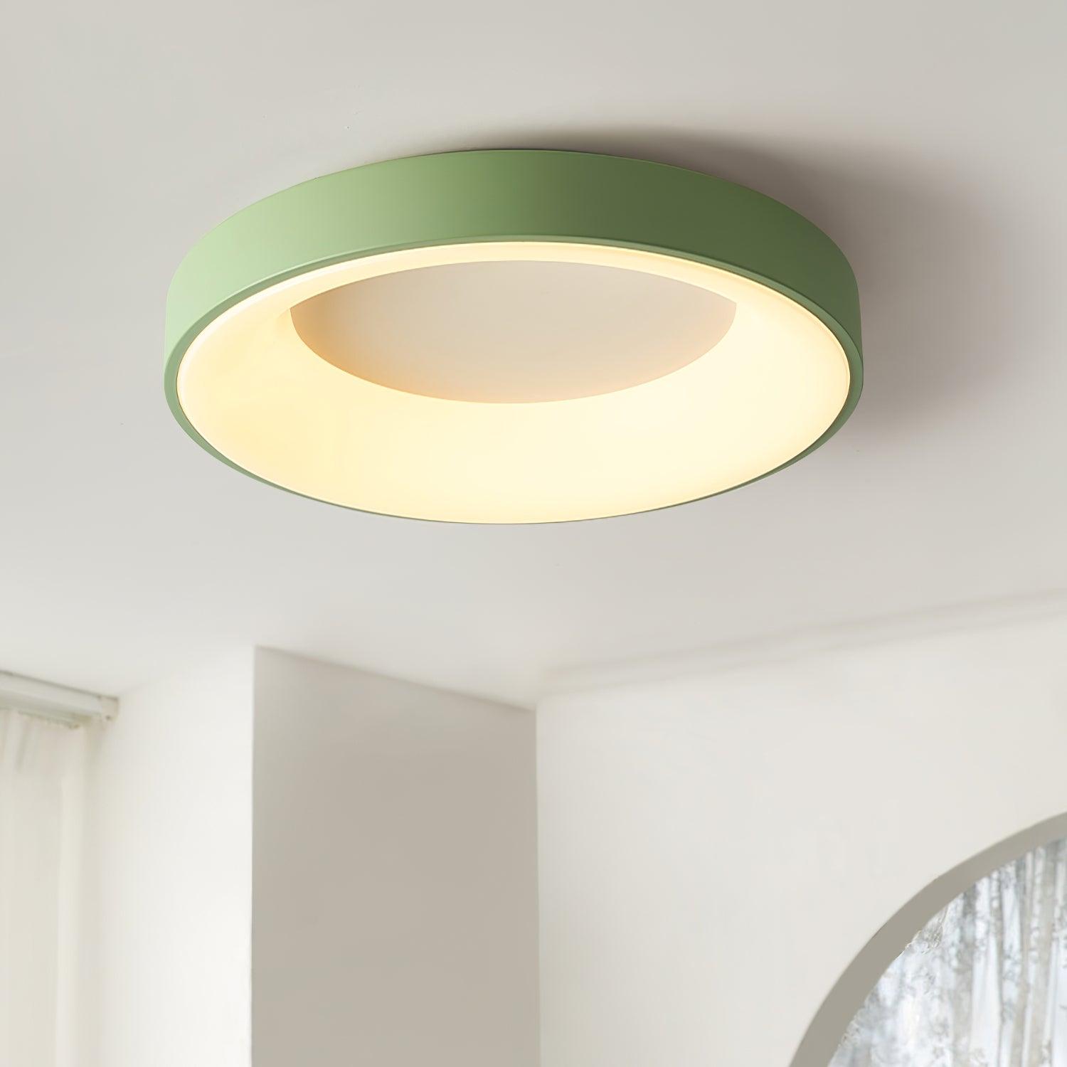 Round flush mount ceiling light lit warmly in a living room