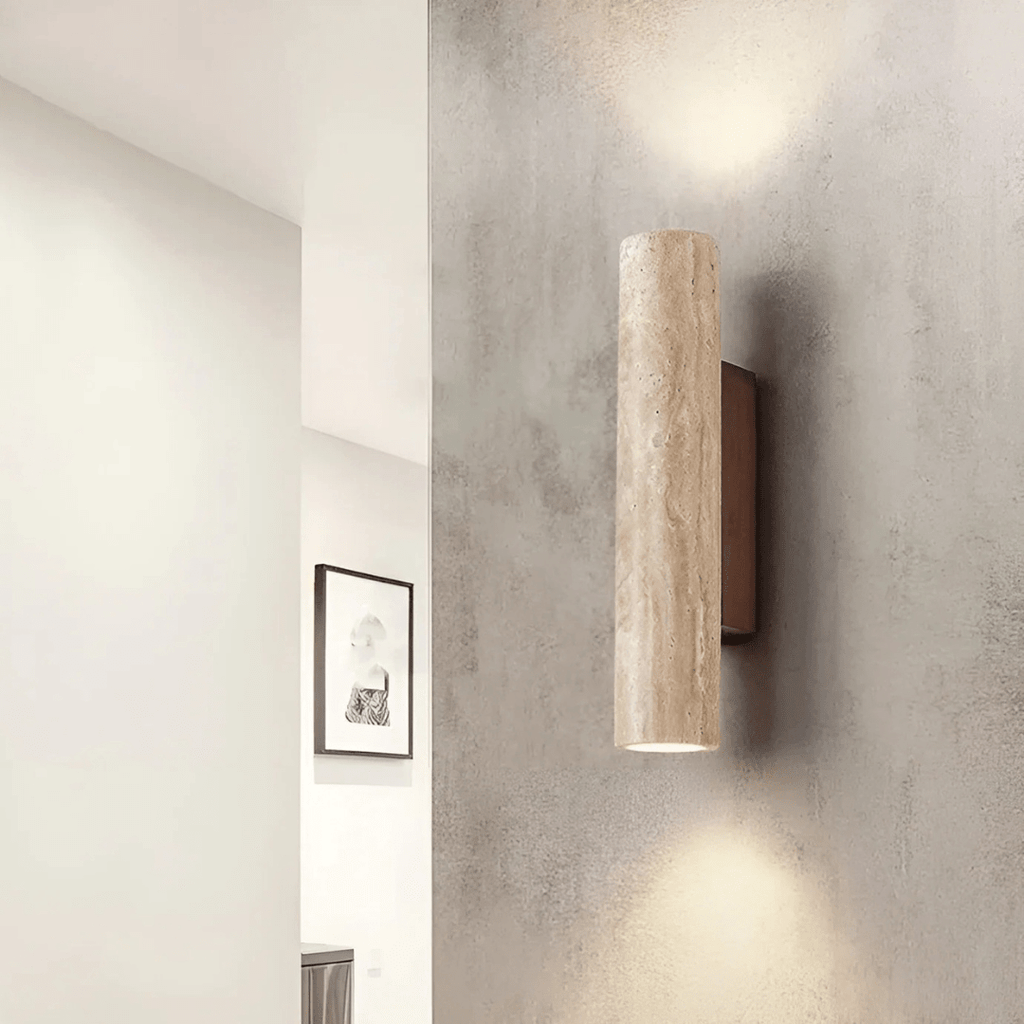 Travertin marmor vegglampe, LED-sylinderdesign med treaccent, to-lyskilde