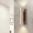 Travertin marmor vegglampe, LED-sylinderdesign med treaccent, to-lyskilde