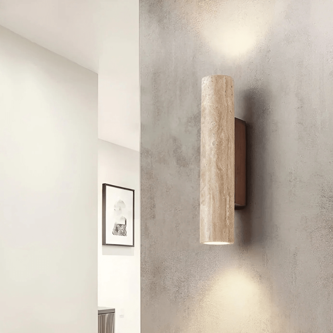 Travertin marmor vegglampe, LED-sylinderdesign med treaccent, to-lyskilde