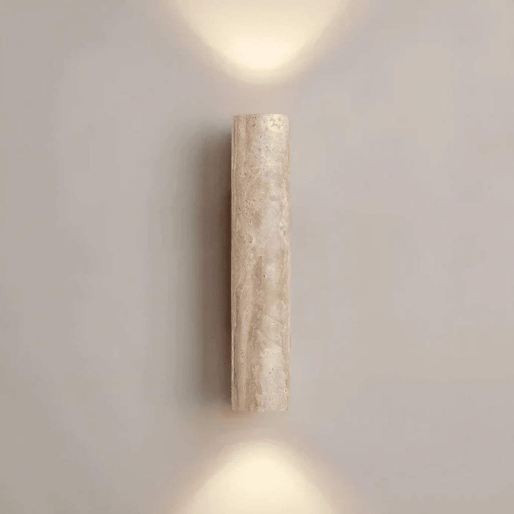 Travertin marmor vegglampe, LED-sylinderdesign med treaccent, to-lyskilde