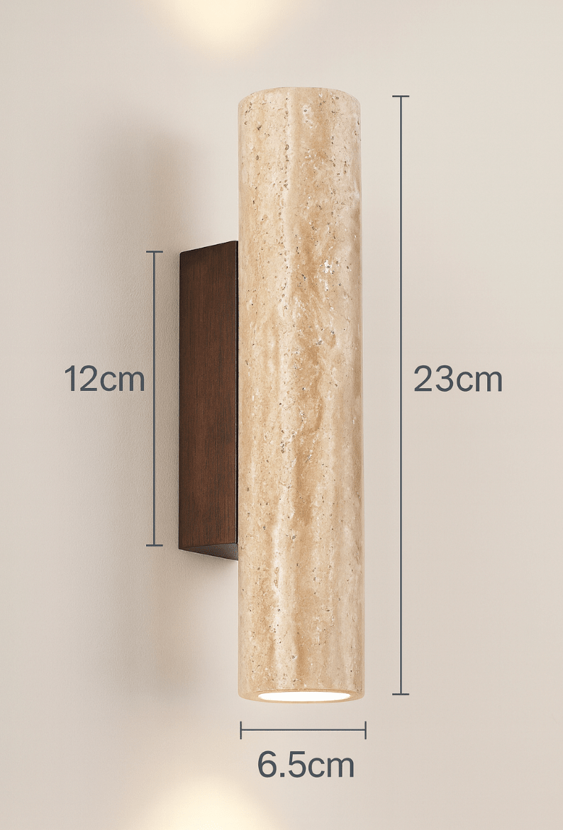Travertin marmor vegglampe, LED-sylinderdesign med treaccent, to-lyskilde