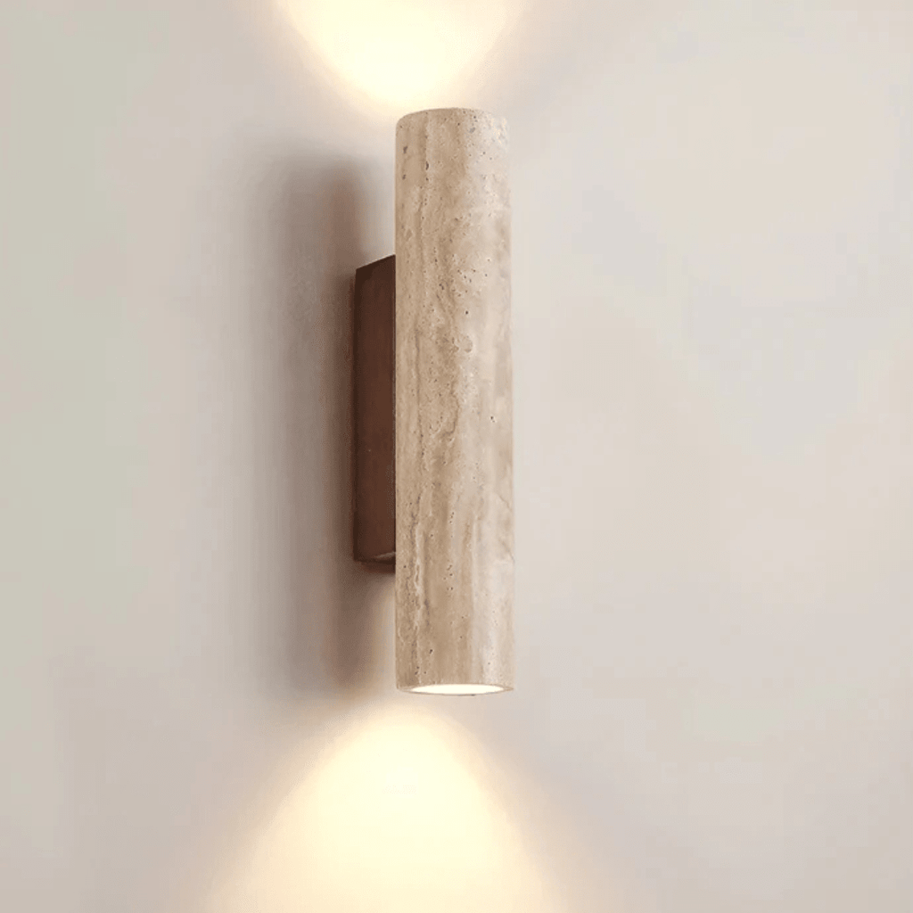 Travertin marmor vegglampe, LED-sylinderdesign med treaccent, to-lyskilde