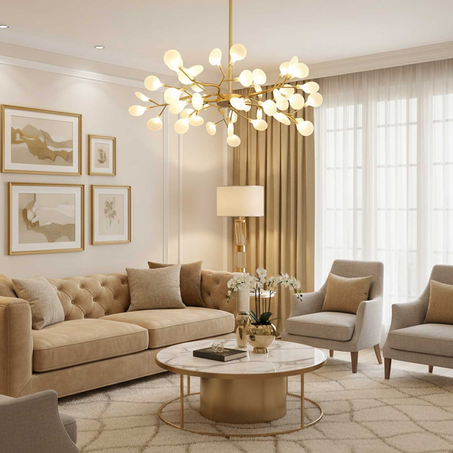 Firefly chandelier with radiating arms in a styled room