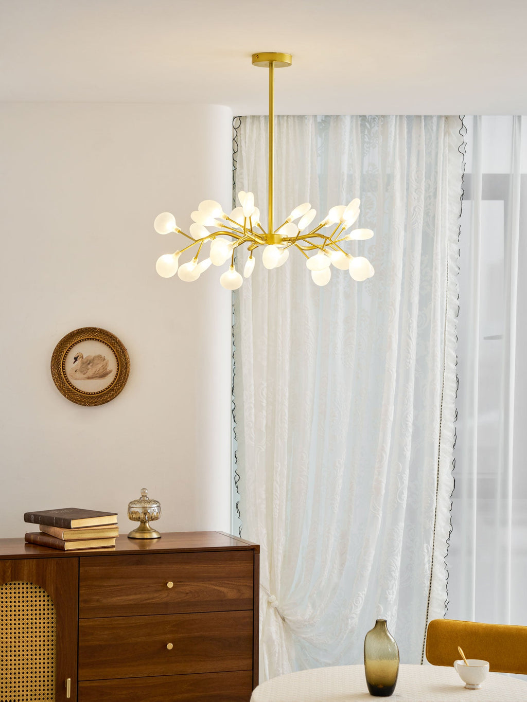 Chandelier, Firefly Sputnik, Translucent Glass Leaves, G4 LED, Dimmable