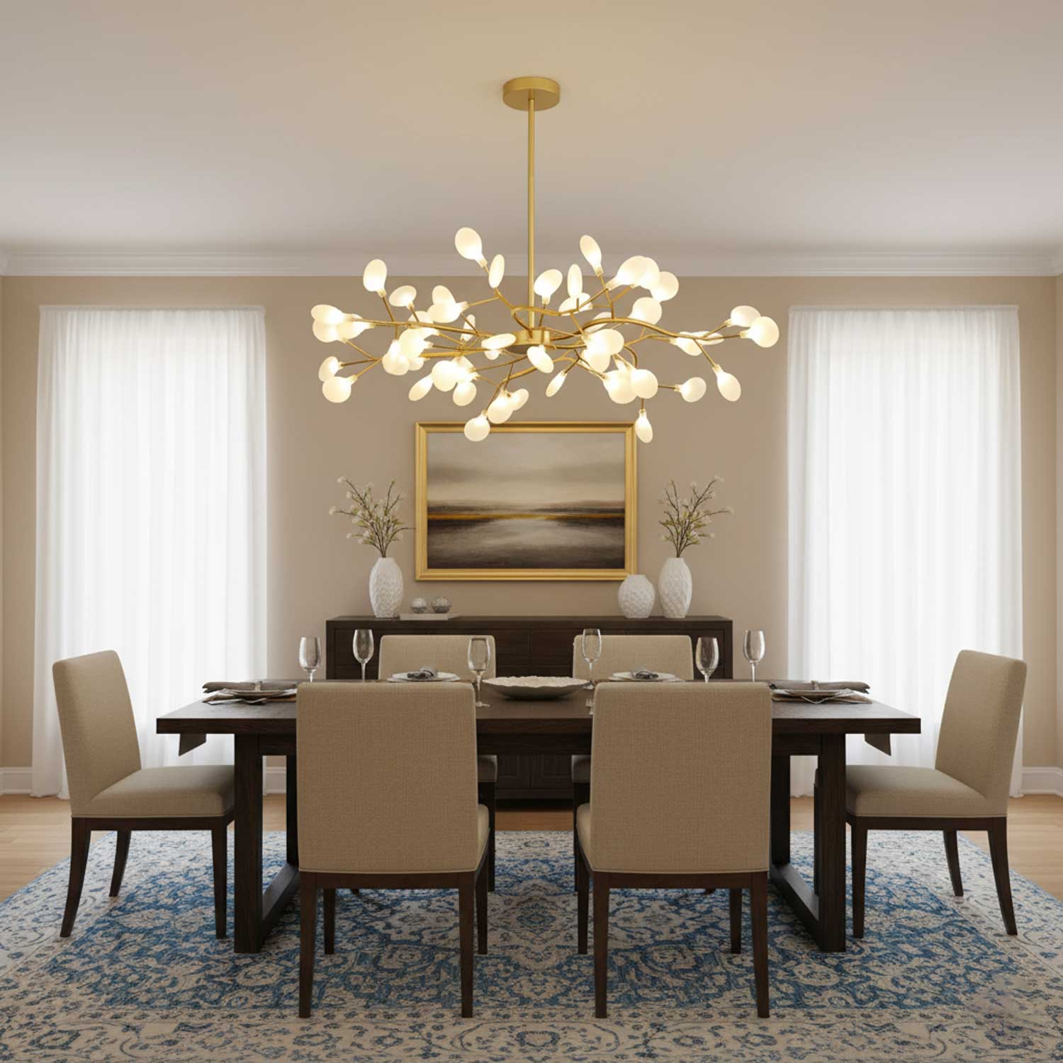 Chandelier, Firefly Sputnik, Translucent Glass Leaves, G4 LED, Dimmable